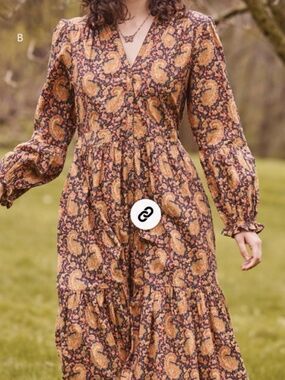 April Cornell Navy Prague Paisley Dress cinnamon and gold Sz M 100% Cotton